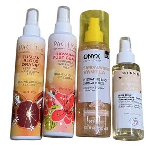 Bundle of 4 Hair Body Mists, Spray Fragrance, Pacifica Onyx Solinotes, Tonka Oil